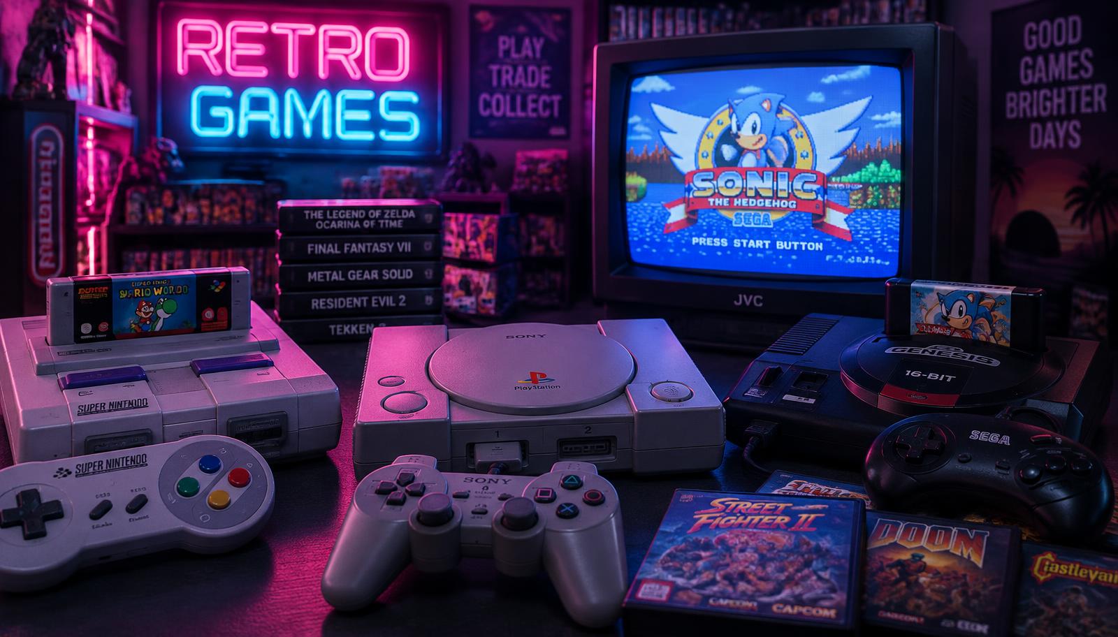Retro consoles and cartridges in front of a CRT television